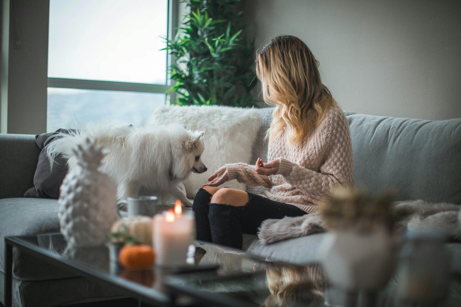 Someone relaxing on the sofa with their dog in a plant-filled living room